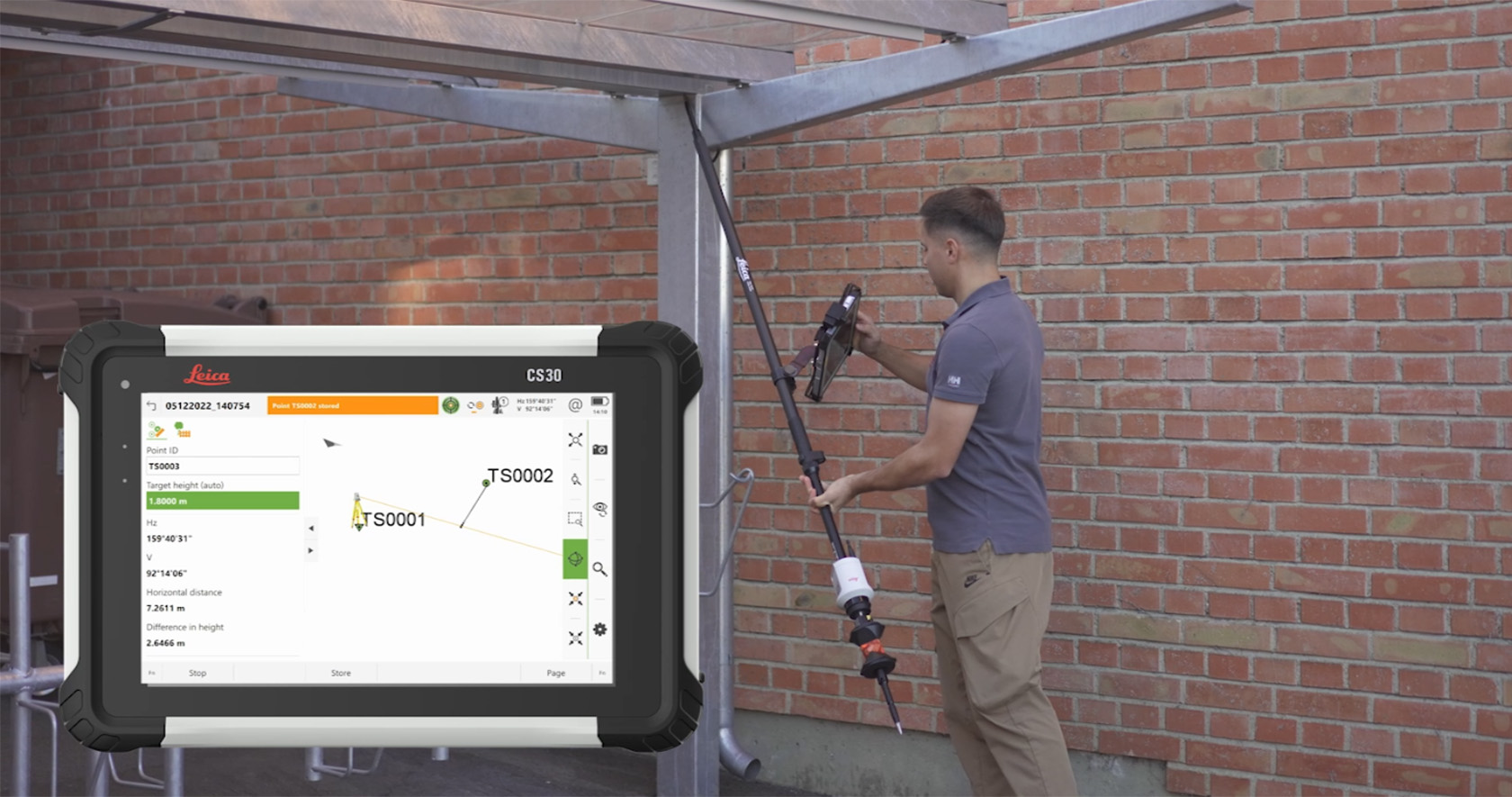 Leica Captivate land surveying software on CS30 tablet beside a suveyor capturing inaccessible points with the Leica AP20 AutoPole.